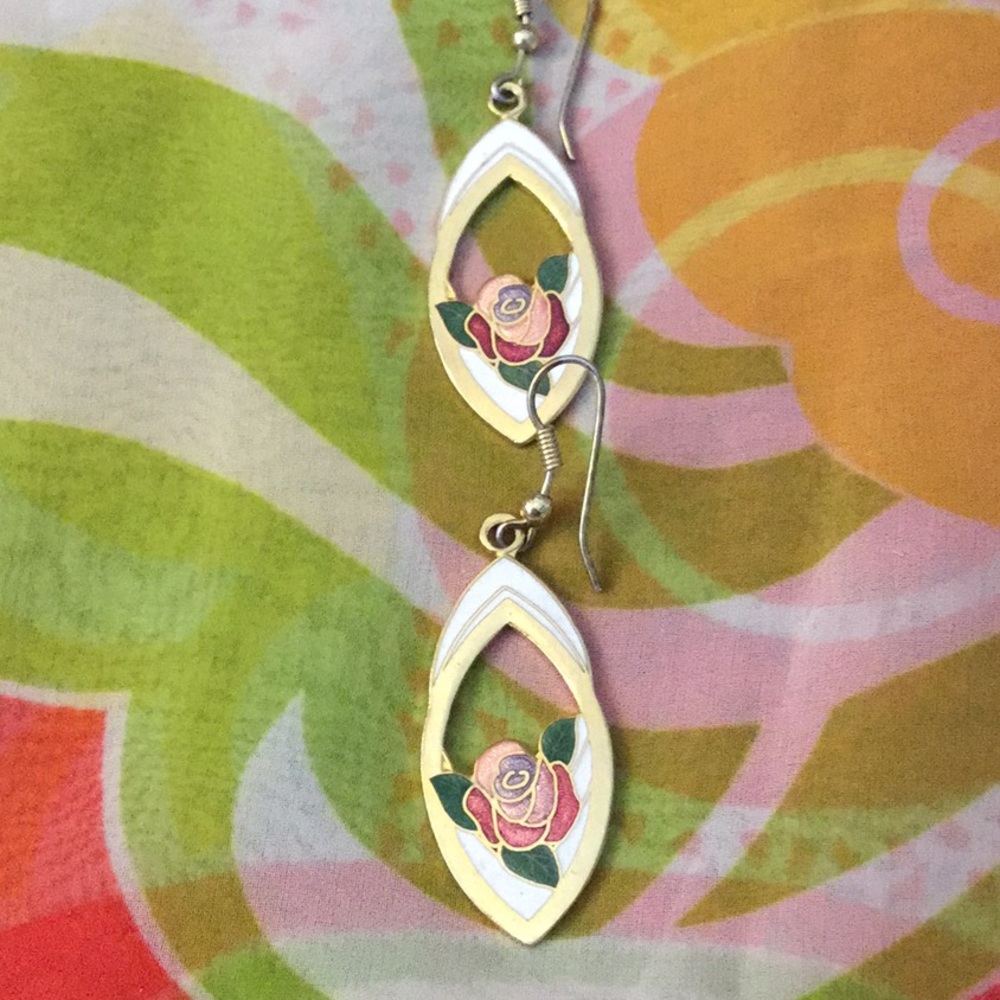 Vintage Boho 70s Cloisonné Floral Dangle Earrings - Picture 3 of 3